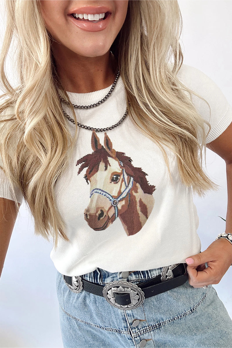Load image into Gallery viewer, DLLS935 - Ladies White Wild West Horse Head Printed Short Sleeve Sweater
