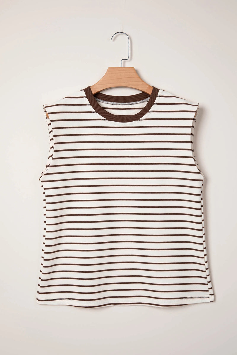 Load image into Gallery viewer, DLLS448 - Ladies Brown Stripe Ribbed Round Neck Trim Loose Tank Top
