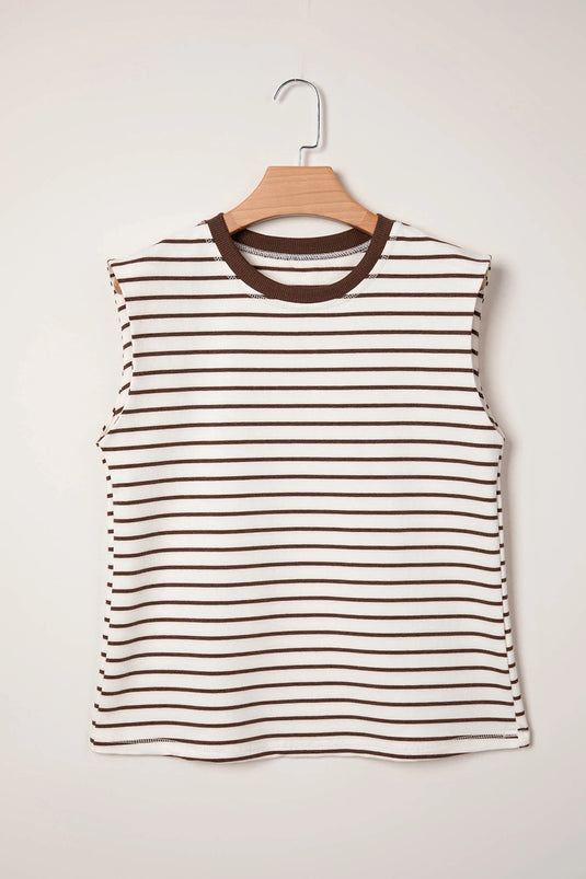 DLLS448 - Ladies Brown Stripe Ribbed Round Neck Trim Loose Tank Top
