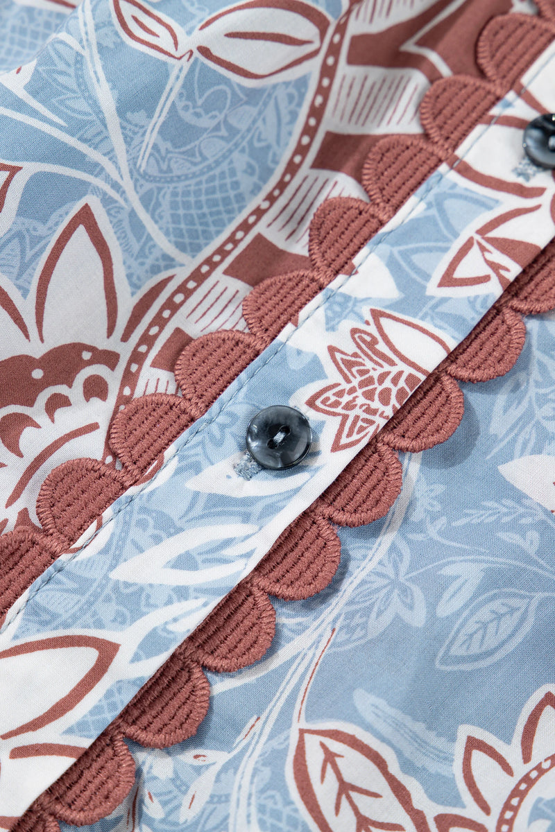 Load image into Gallery viewer, DLLS670 - Ladies Sky Blue Boho Floral Print Scalloped Trim Button-Down Short Sleeve Shirt
