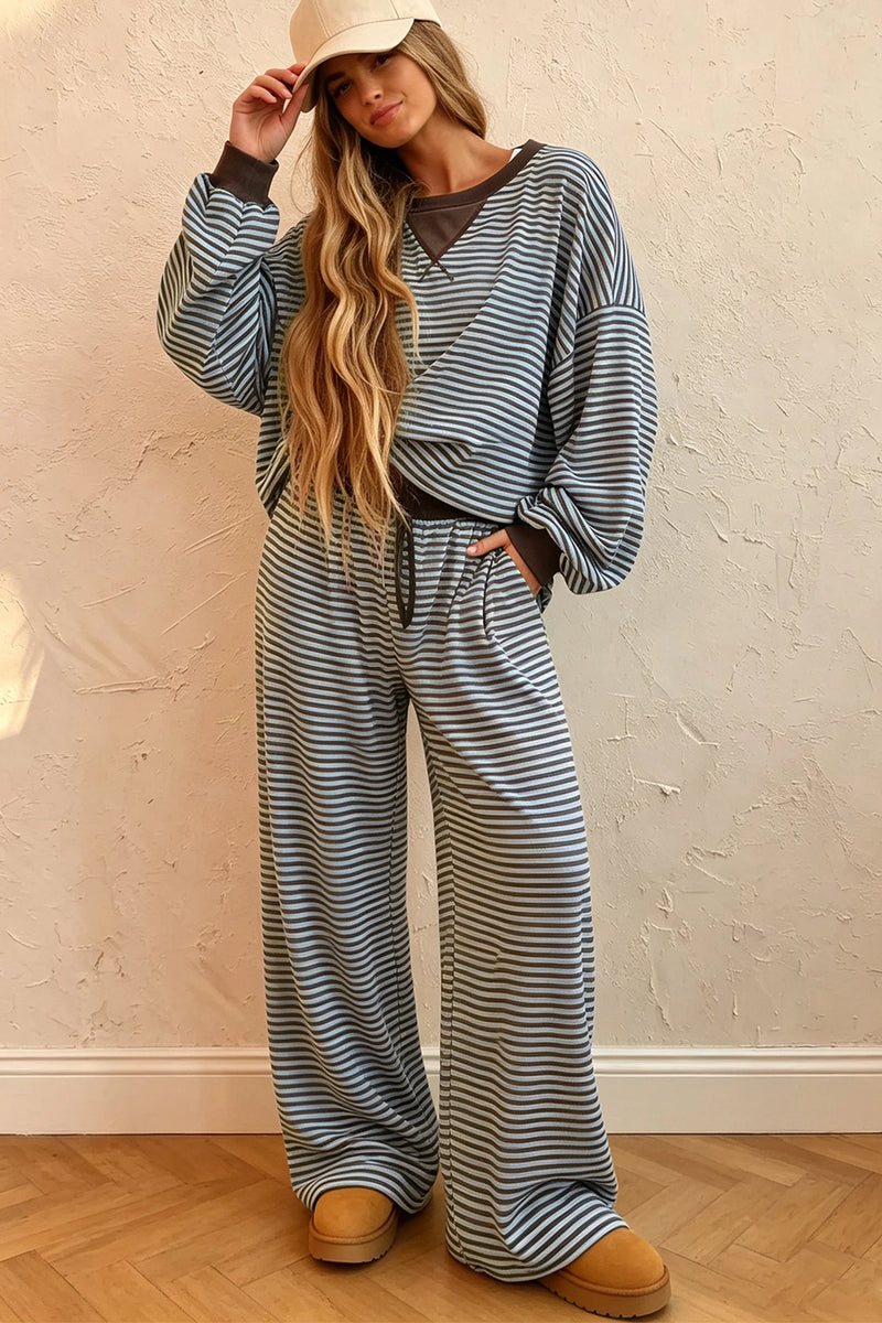 Load image into Gallery viewer, DLLS1053 - Ladies Brown Stripe Drop Shoulder Loose Top and Pants Two Piece Set
