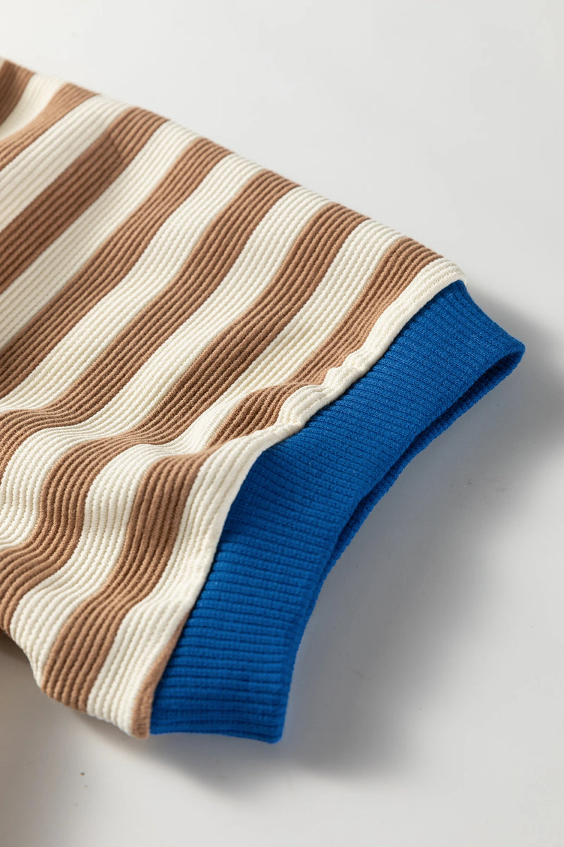 Load image into Gallery viewer, DLLS416 - Ladies Brown Stripe Short Puff Sleeve Contrast Trim Round Neck Tee
