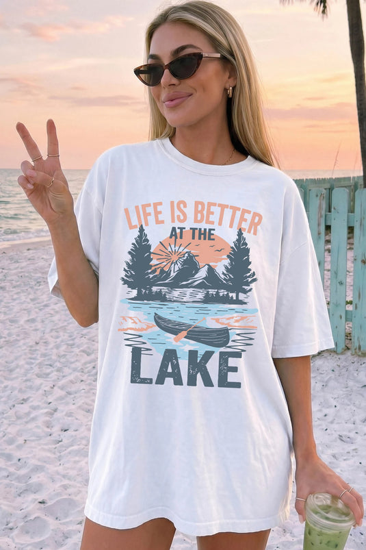 DLLS600 - Ladies White LIFE IS BETTER AT THE LAKE Graphic Tunic T Shirt