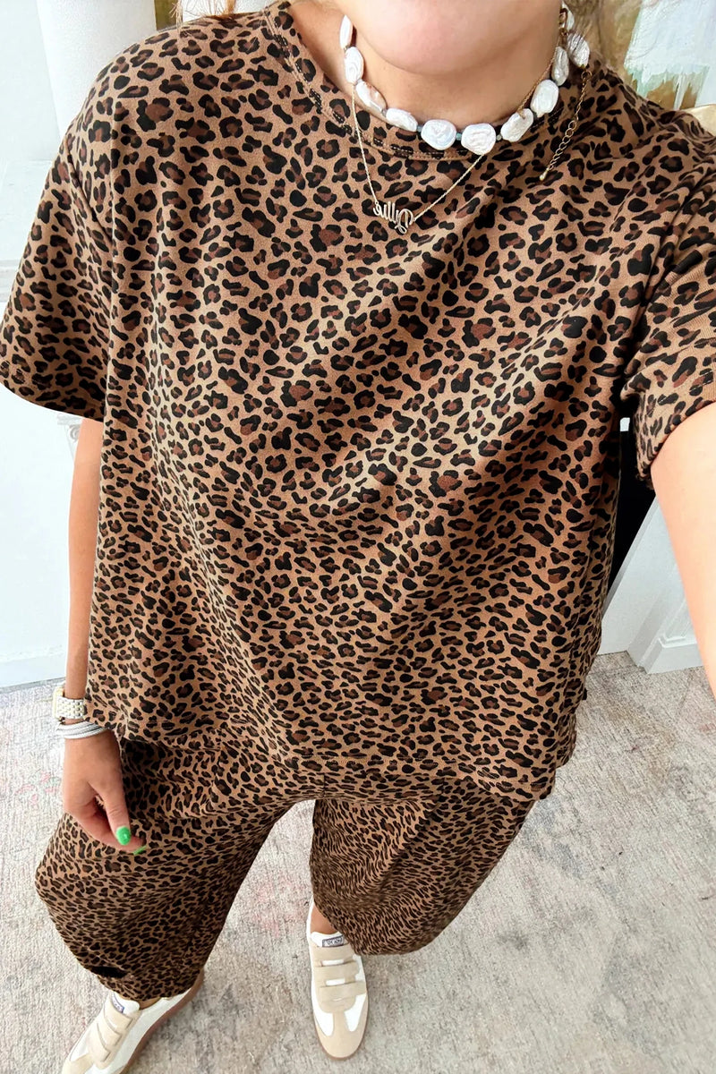 Load image into Gallery viewer, DLLS453 - Ladies Brown Leopard Loose Tee Drawstring Waist Barrel Pants Set
