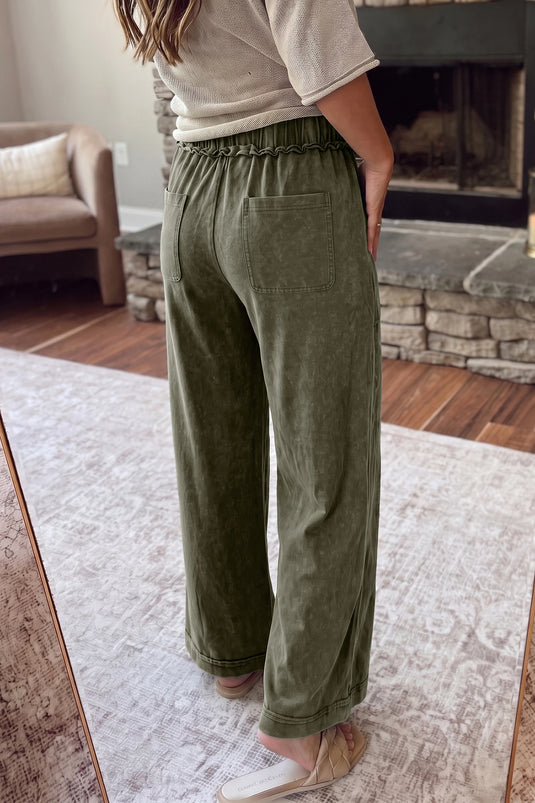 DLLS1028 - Ladies Jungle Green Mineral Wash Seam Detail Flare Leg Drawstring Pants