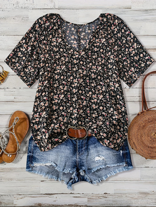 TMTSHT106 - Ladies Black Floral Print V Neck Shirt