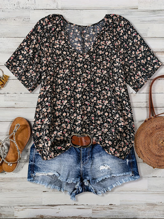 TMTSHT106 - Ladies Black Floral Print V Neck Shirt