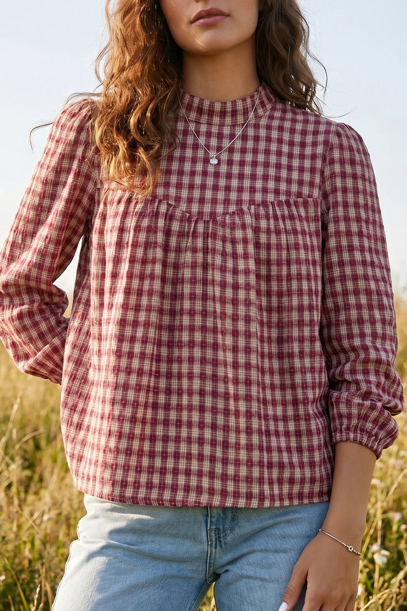 Load image into Gallery viewer, DLLS784 - Ladies Coral Country Plaid Long Sleeve Button Keyhole Pleated Loose Blouse
