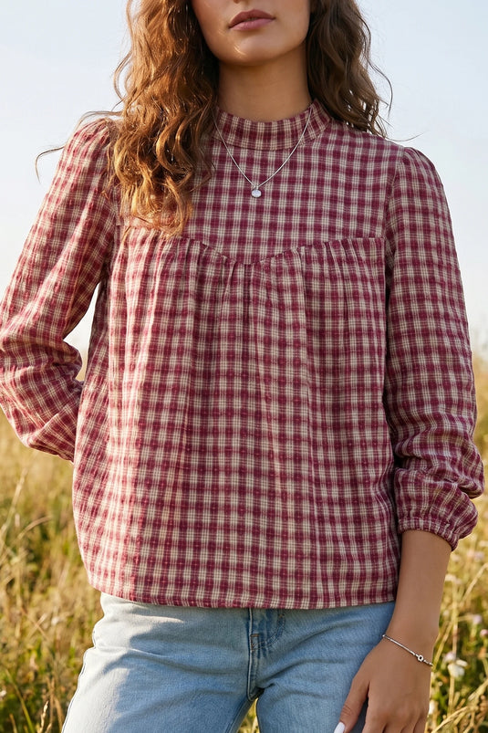 DLLS784 - Ladies Coral Country Plaid Long Sleeve Button Keyhole Pleated Loose Blouse