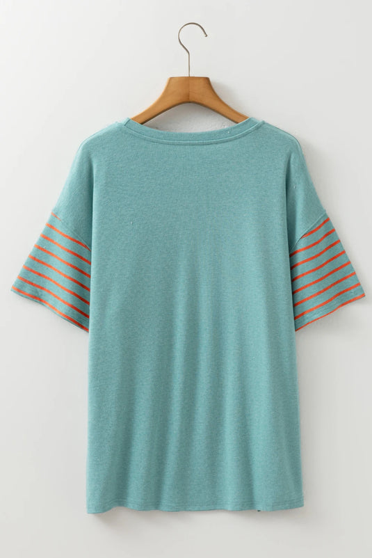 DLLS517 - Ladies Mint Green Color Block Striped Detail Loose T Shirt