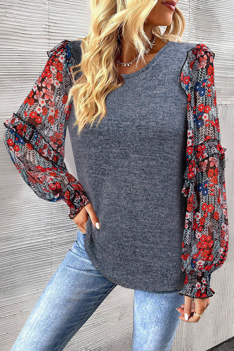 Load image into Gallery viewer, DLLS114 - Ladies Blue Pale Chestnut Ruffle Tiered Floral Sleeve Crew Neck Blouse
