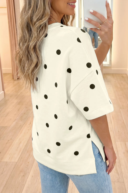 DLLS682 - Ladies Beige Polka Dot Print Crossed Seam Detail Oversize Tee