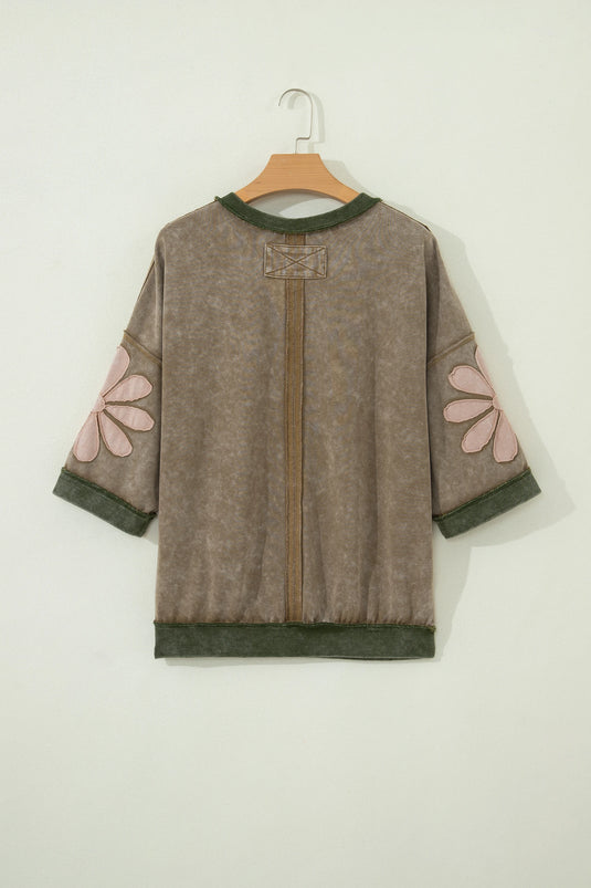 DLLS1096 - Ladies Breen Mineral Wash Raw Seam Patchwork Flower Patched 3/4 Sleeve Oversize Top