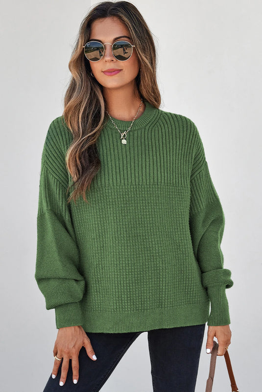 DLLS243 - Ladies Vineyard Green Solid Color Mixed Textured Knitted Crew Neck Sweater