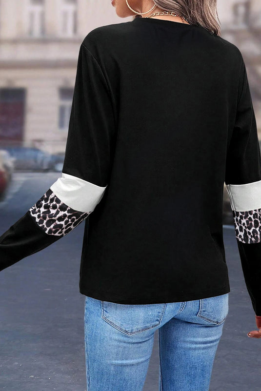 DLLS319 - Ladies White Leopard Colorblock Patchwork Crew Neck Long Sleeve Tee