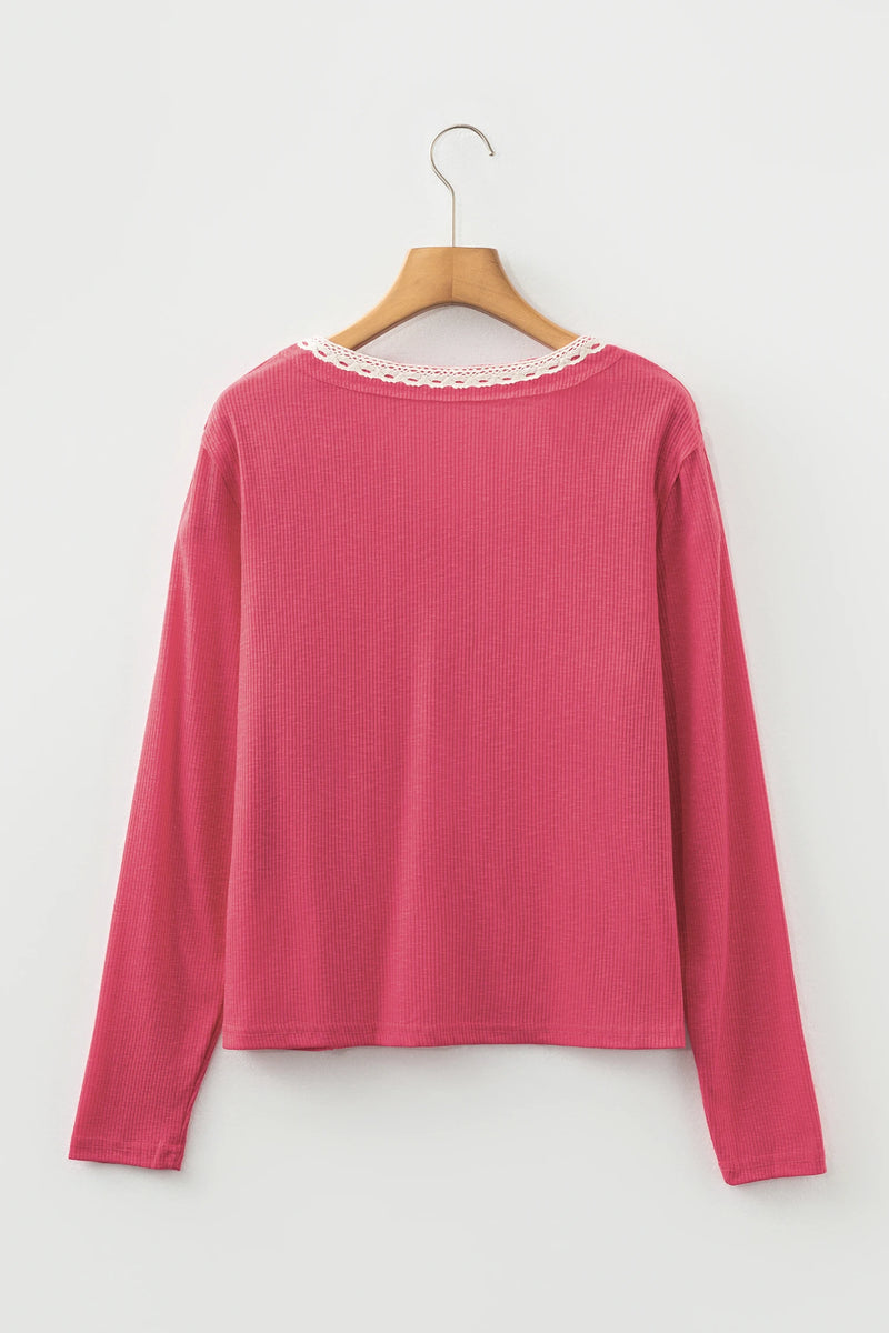 Load image into Gallery viewer, DLLS282 - Ladies Racing Red Ribbed Texture Contrasted Lace Trim Button V Neck Long Sleeve Top
