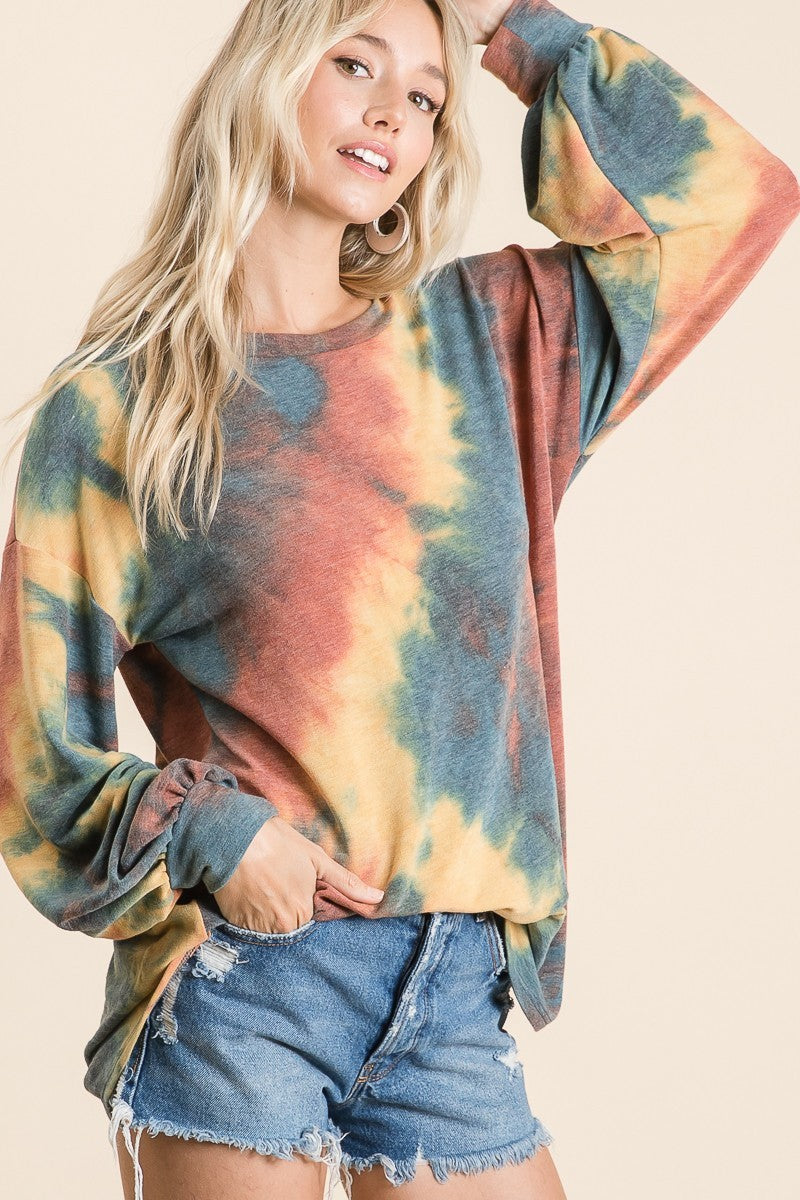 Load image into Gallery viewer, BIBI2- Ladies Tie Dye French Terry Knit Top With Balloon Sleeves
