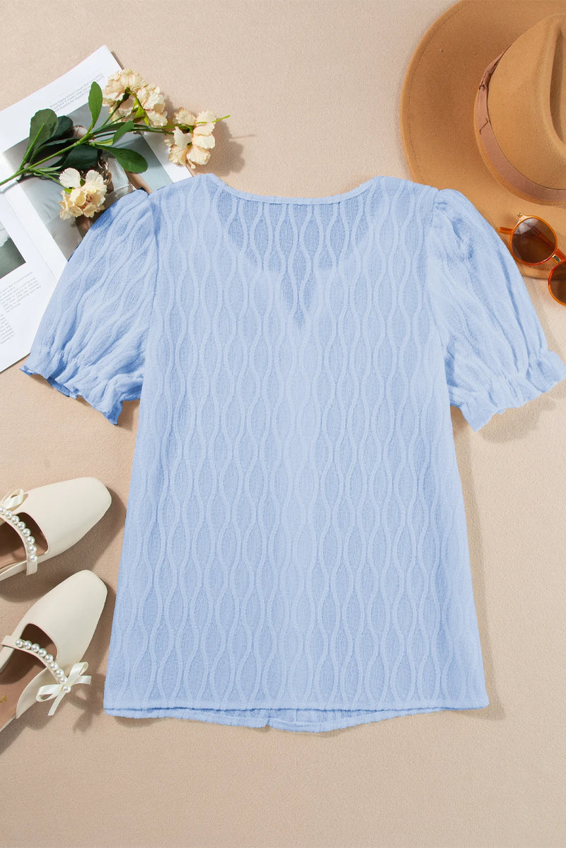 Load image into Gallery viewer, DLLS400 - Ladies Beau Blue Solid Color Textured Notched Neck Puff Sleeve Blouse
