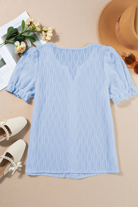 DLLS400 - Ladies Beau Blue Solid Color Textured Notched Neck Puff Sleeve Blouse