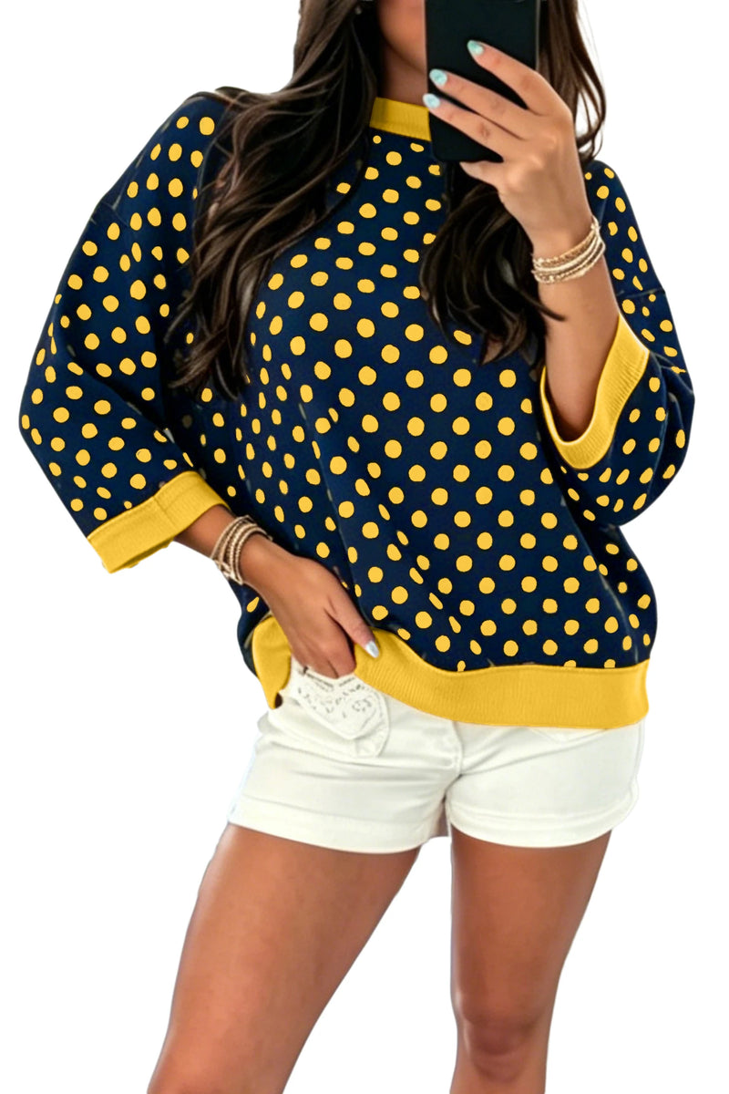 Load image into Gallery viewer, DLLS1090 - Ladies Blue Polka Dot Print Contrast Trim Round Neck Bracelet Sleeve Top
