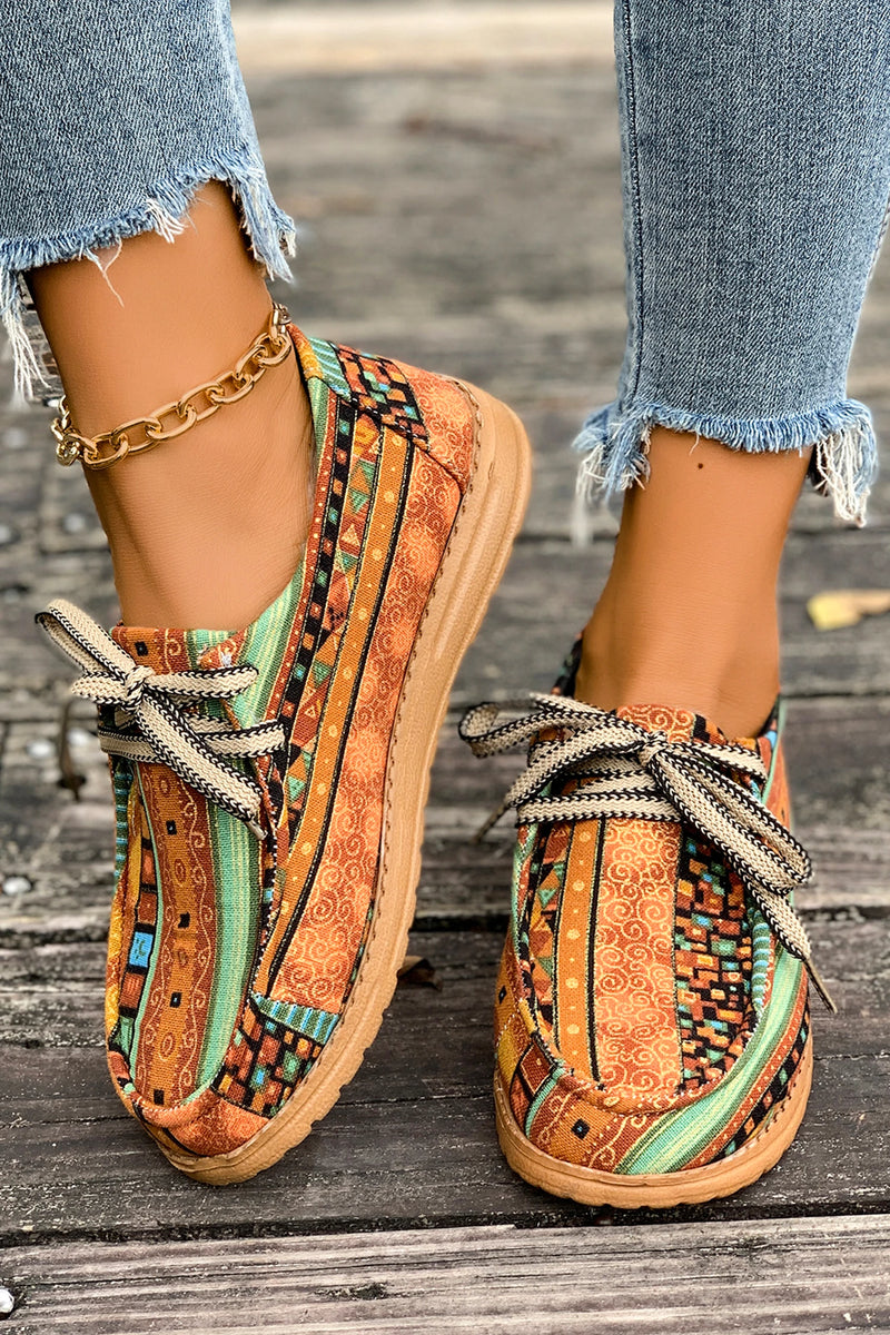 Load image into Gallery viewer, DLLSHOE 6 - Mustard Ethnic Artistic Print Lace-Up Detail Comfort Loafer Shoes
