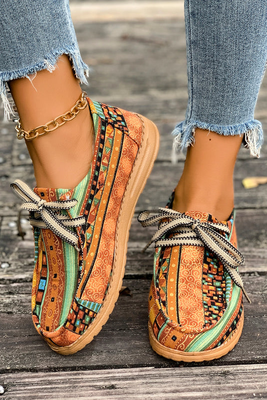 DLLSHOE 6 - Mustard Ethnic Artistic Print Lace-Up Detail Comfort Loafer Shoes