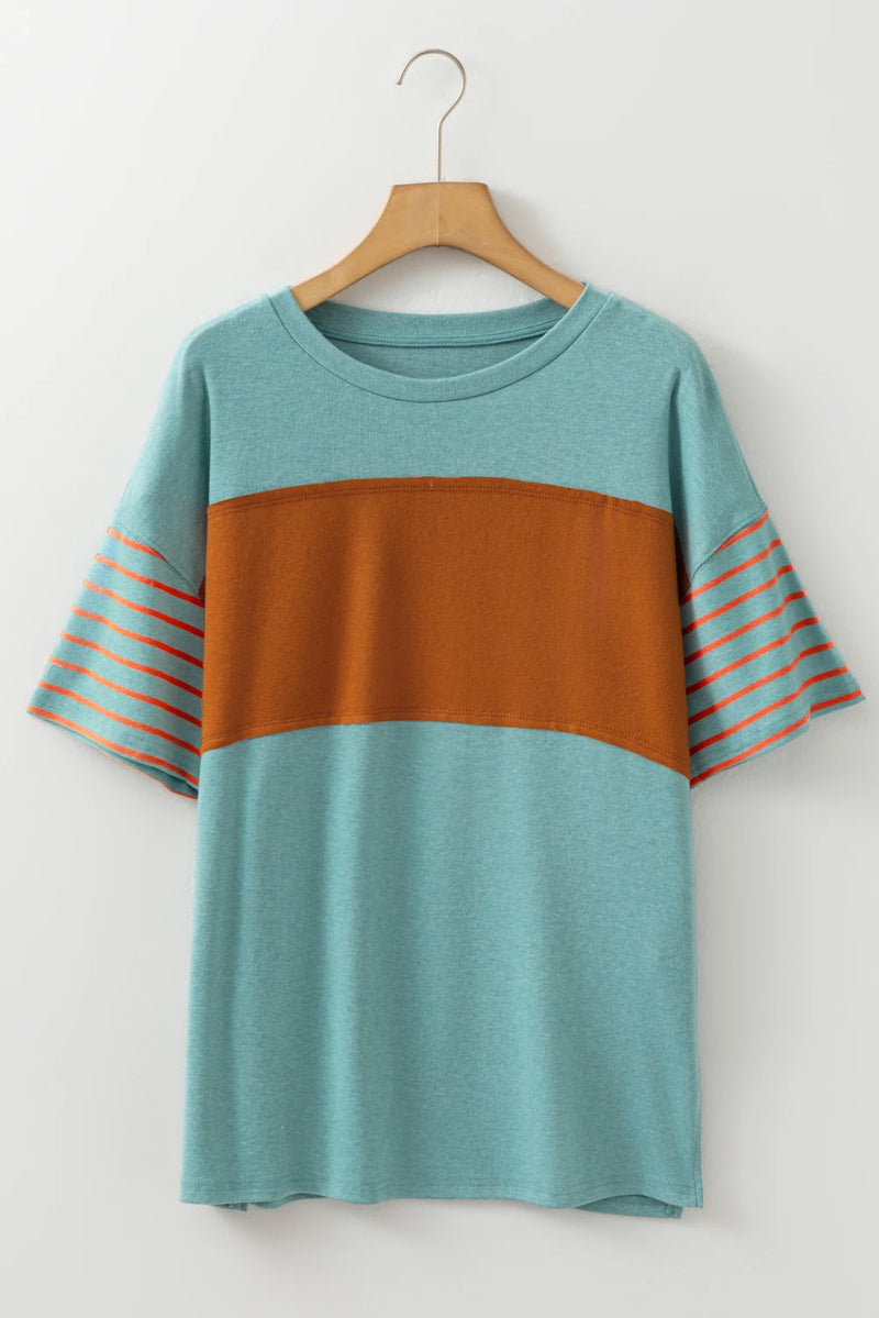 Load image into Gallery viewer, DLLS517 - Ladies Mint Green Color Block Striped Detail Loose T Shirt
