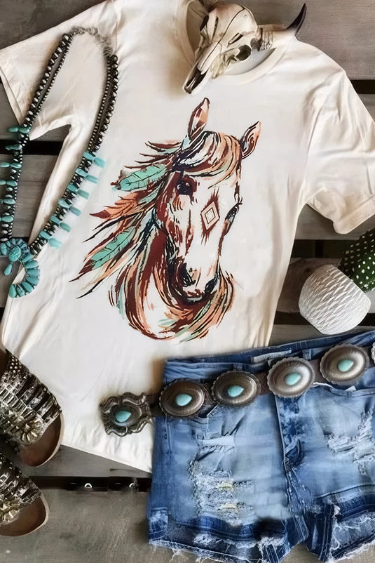 DLLS748 - Ladies White Western Aztec Horse Graphic Crewneck Tee