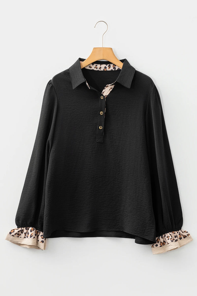 Load image into Gallery viewer, DLLS247 - Ladies Black Contrast Leopard Print Patchwork Polo Collar Buttons Front Ruffled Long Sleeve Blouse
