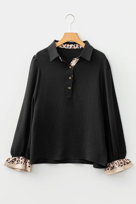 DLLS247 - Ladies Black Contrast Leopard Print Patchwork Polo Collar Buttons Front Ruffled Long Sleeve Blouse