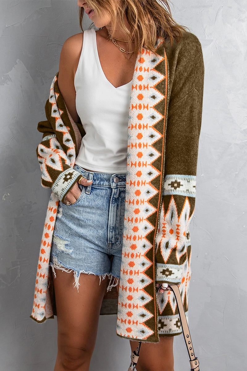 Load image into Gallery viewer, DLLS757 - Ladies Brown Aztec Print Open Front Knitted Cardigan
