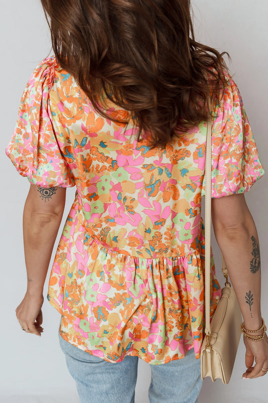 DLLS365 - Ladies Orange Split V Neck Short Sleeve Flower Blouse