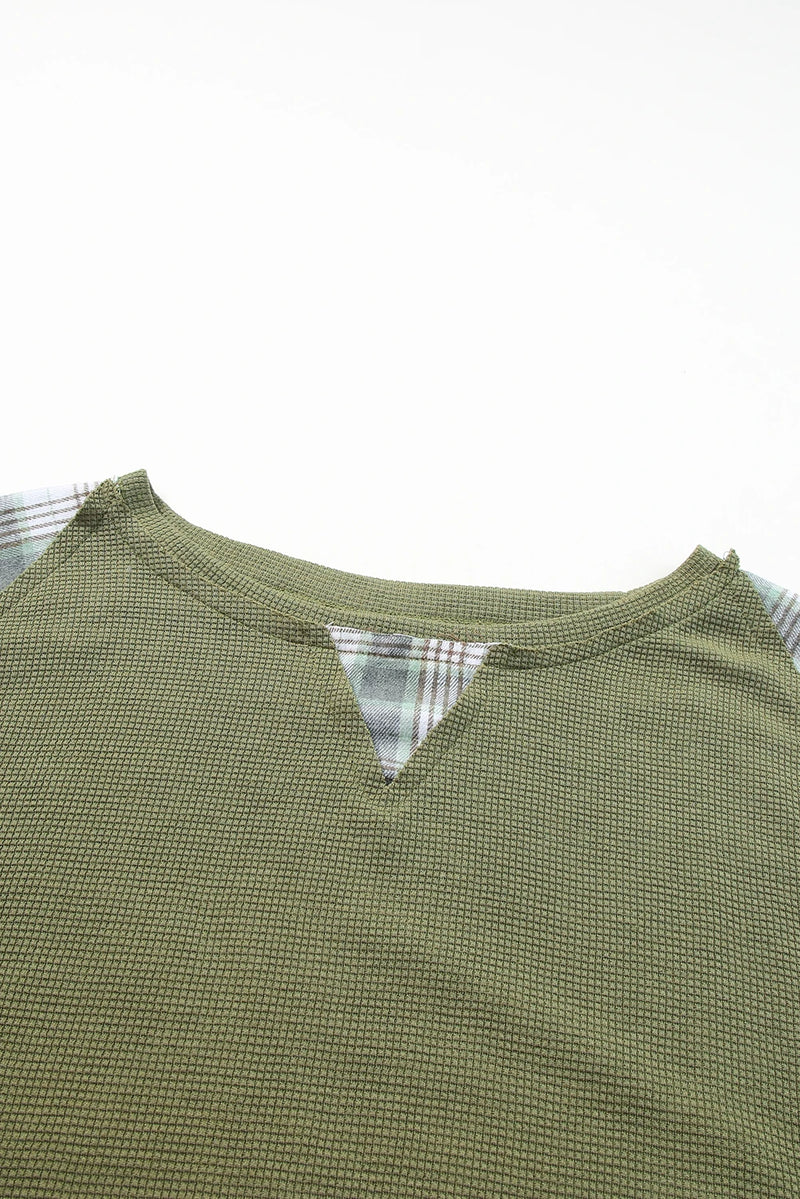 Load image into Gallery viewer, DLLS1145 - Ladies Green Plaid Patch Waffle Knit Exposed Seam Bubble Sleeve Top
