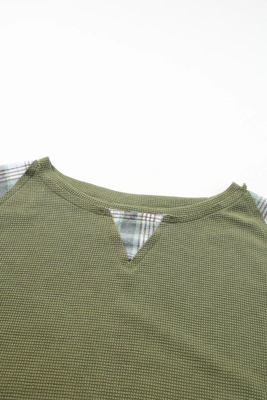 DLLS1145 - Ladies Green Plaid Patch Waffle Knit Exposed Seam Bubble Sleeve Top