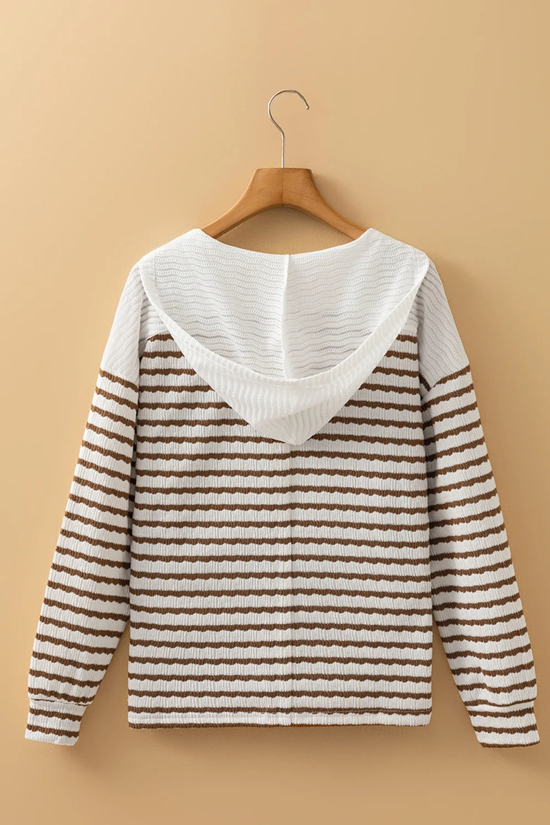 Load image into Gallery viewer, DLLS207 - Ladies Khaki Stripe Textured Hooded V Neck Casual Long Sleeve Top
