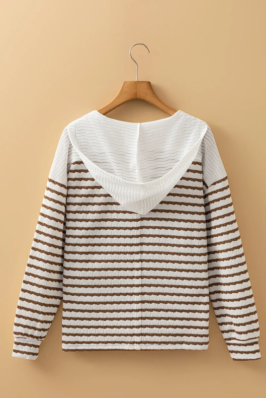 DLLS207 - Ladies Khaki Stripe Textured Hooded V Neck Casual Long Sleeve Top