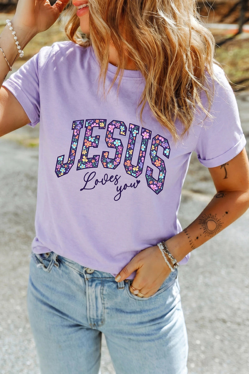 Load image into Gallery viewer, DLLS803 - Ladies Orchid Petal Christian Floral Letter Graphic Round Neck T Shirt
