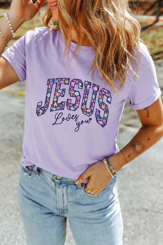 DLLS803 - Ladies Orchid Petal Christian Floral Letter Graphic Round Neck T Shirt