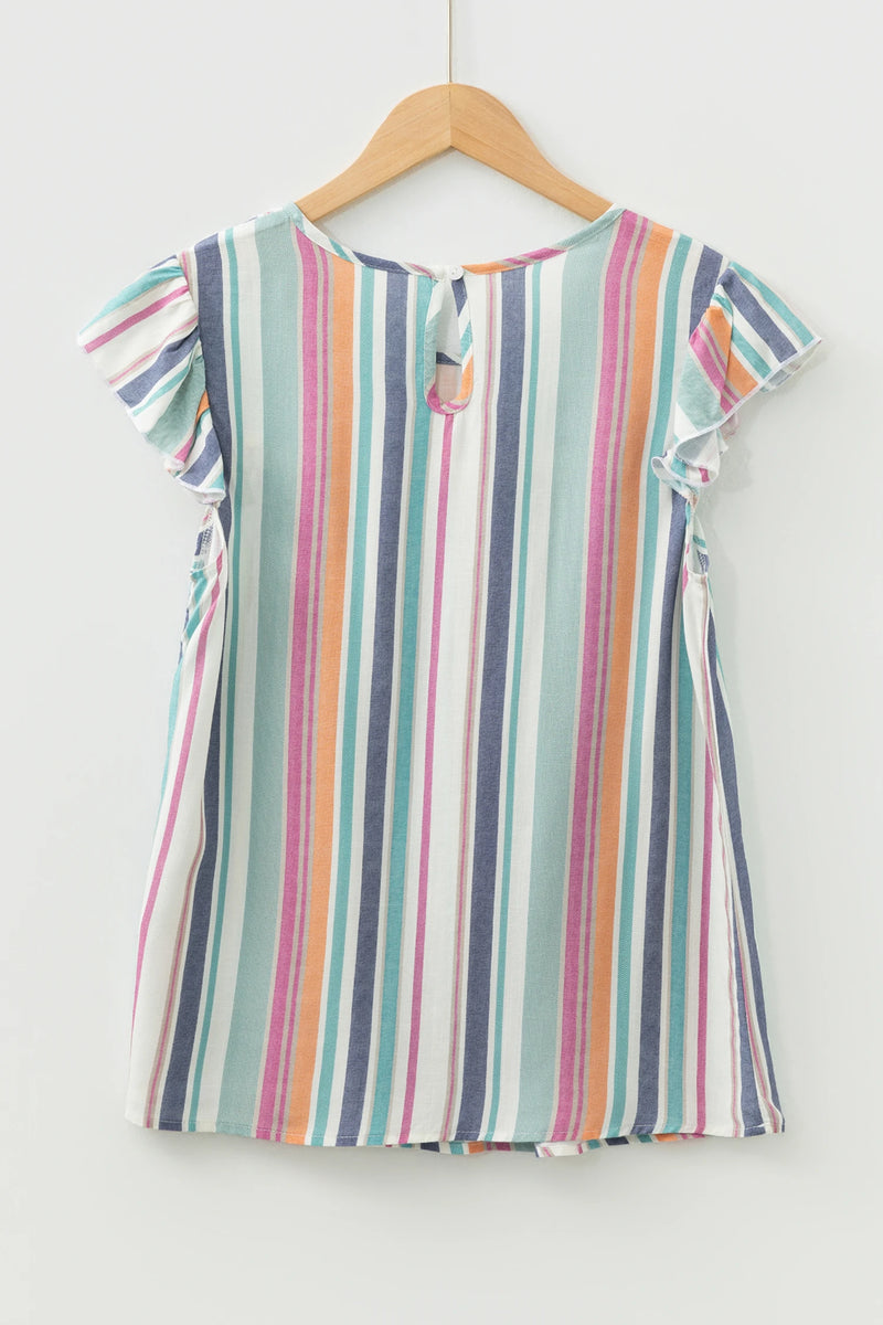Load image into Gallery viewer, DLLS380- Ladies Light Blue Lace Hollow-out Insert Flutter Sleeve Striped Blouse
