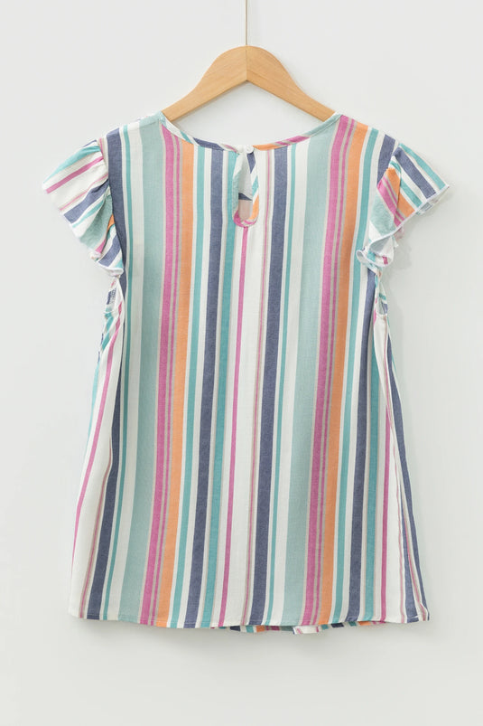 DLLS380- Ladies Light Blue Lace Hollow-out Insert Flutter Sleeve Striped Blouse
