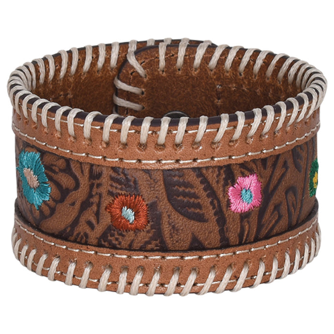 23168BJ1 - Justin Bracelet Brown Tooled Leather Cuff W/Embroidery