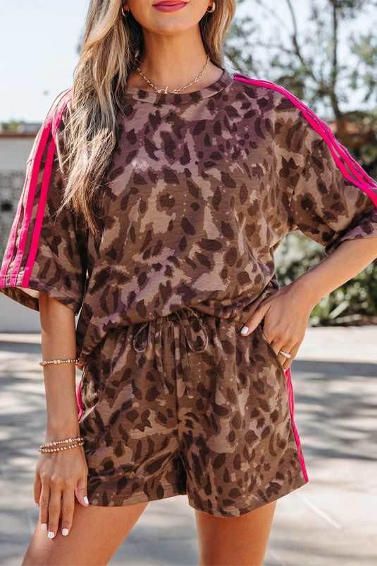 DLLS598 - Ladies Brown Contrast Striped Accent Leopard Short Set
