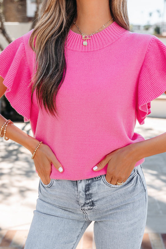 DLLS579 - Ladies Pink Solid Color Ribbed Trim Round Neck Ruffle Short Sleeve Sweater