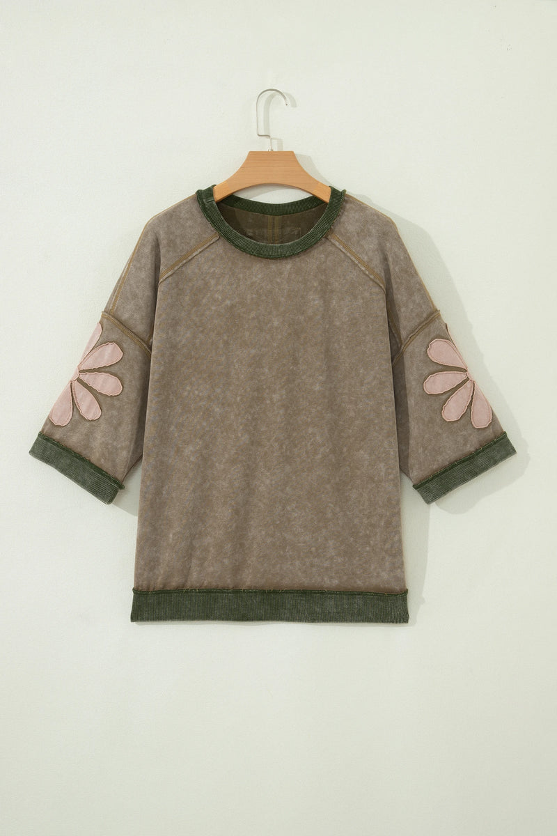 Load image into Gallery viewer, DLLS1096 - Ladies Breen Mineral Wash Raw Seam Patchwork Flower Patched 3/4 Sleeve Oversize Top
