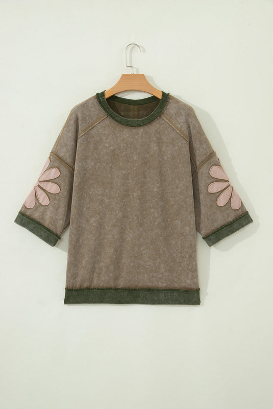 DLLS1096 - Ladies Breen Mineral Wash Raw Seam Patchwork Flower Patched 3/4 Sleeve Oversize Top