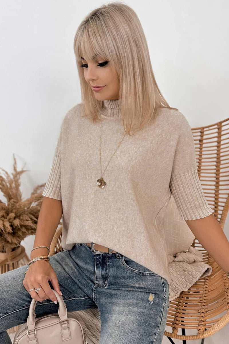 Load image into Gallery viewer, DLLS638 - Ladies Beige High Neck Short Sleeve Solid Shift Sweater Regular Wash
