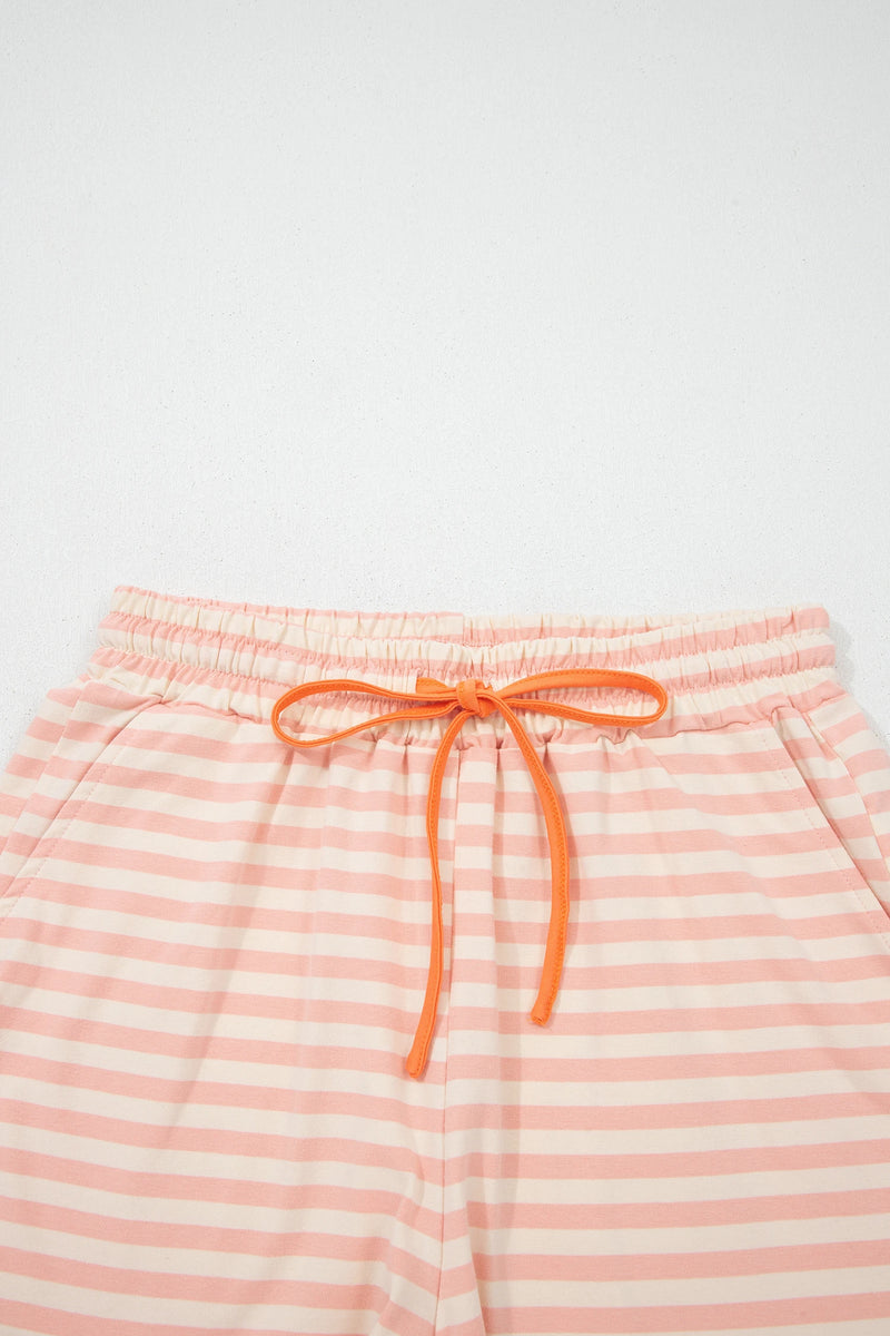Load image into Gallery viewer, DLLS701 - Ladies Pink Stripe Contrast Neck Loose Tee and Drawstring Shorts Set
