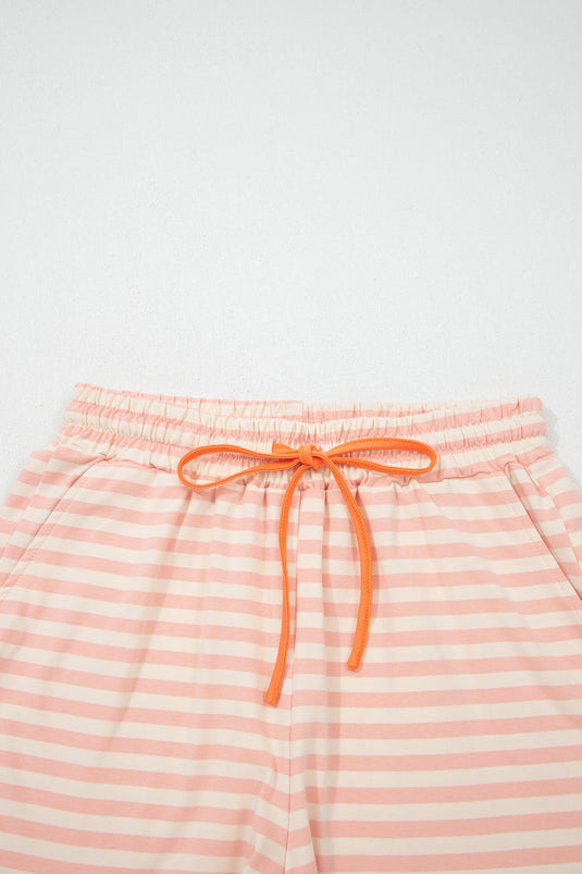 DLLS701 - Ladies Pink Stripe Contrast Neck Loose Tee and Drawstring Shorts Set