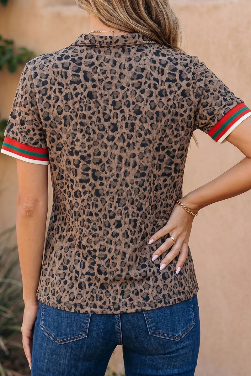 Load image into Gallery viewer, DLLS944 - Ladies Brown Leopard Jacquard Striped Patchwork Half Zip Short Sleeve Blouse
