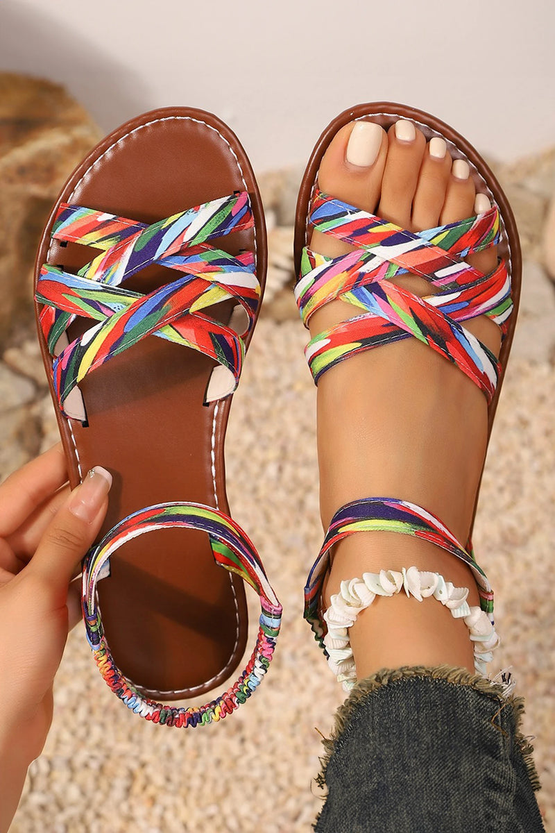 Load image into Gallery viewer, DLLSHOE 100 - Cinnamon Colorful Caged Band Flat Roman Strap Sandals
